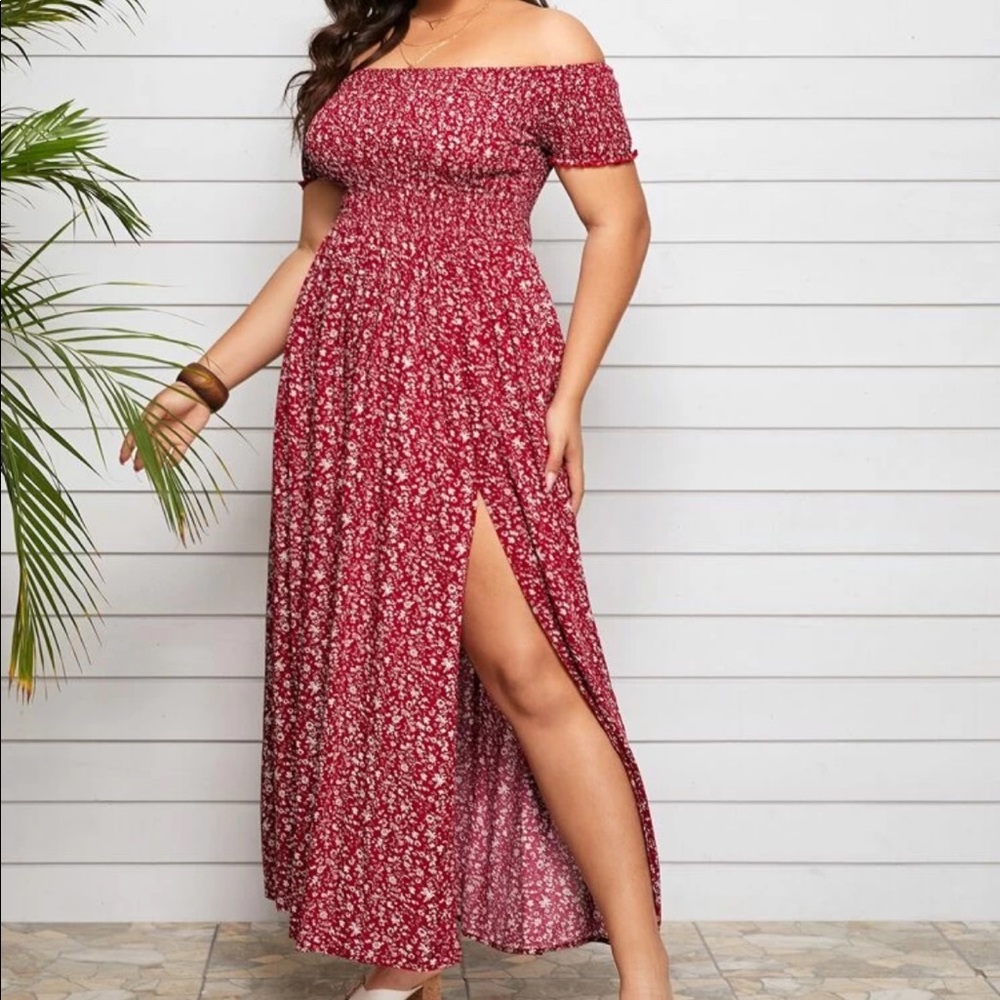 Off-Shoulder Red Floral Maxi Dress with Side Slit